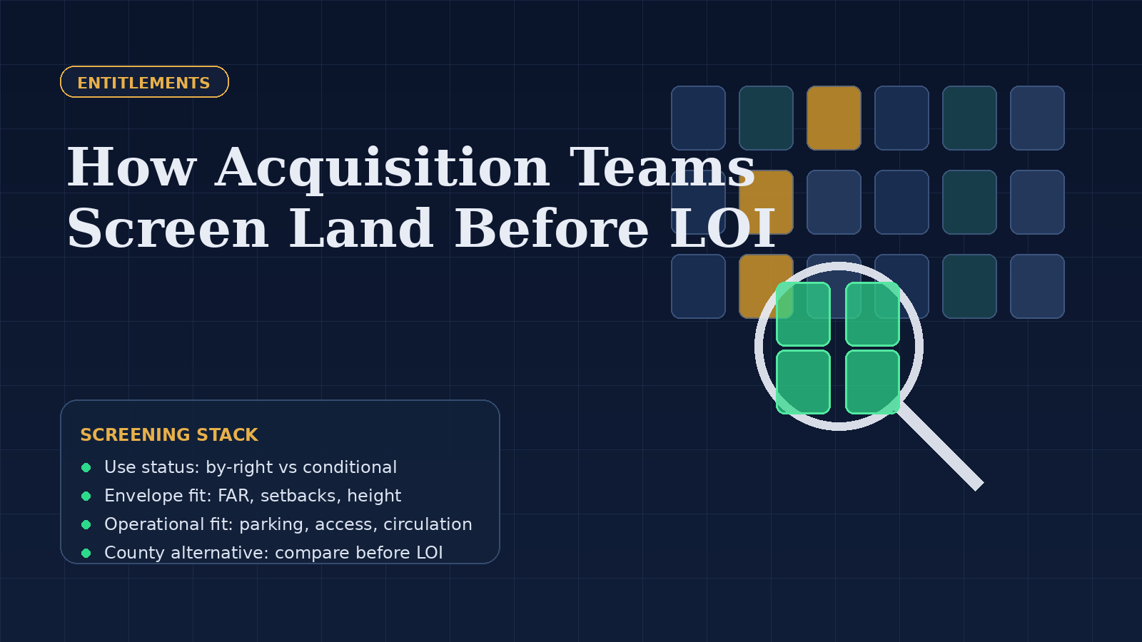 Abstract zoning parcel map with magnifier, highlights, and acquisition underwriting overlays.